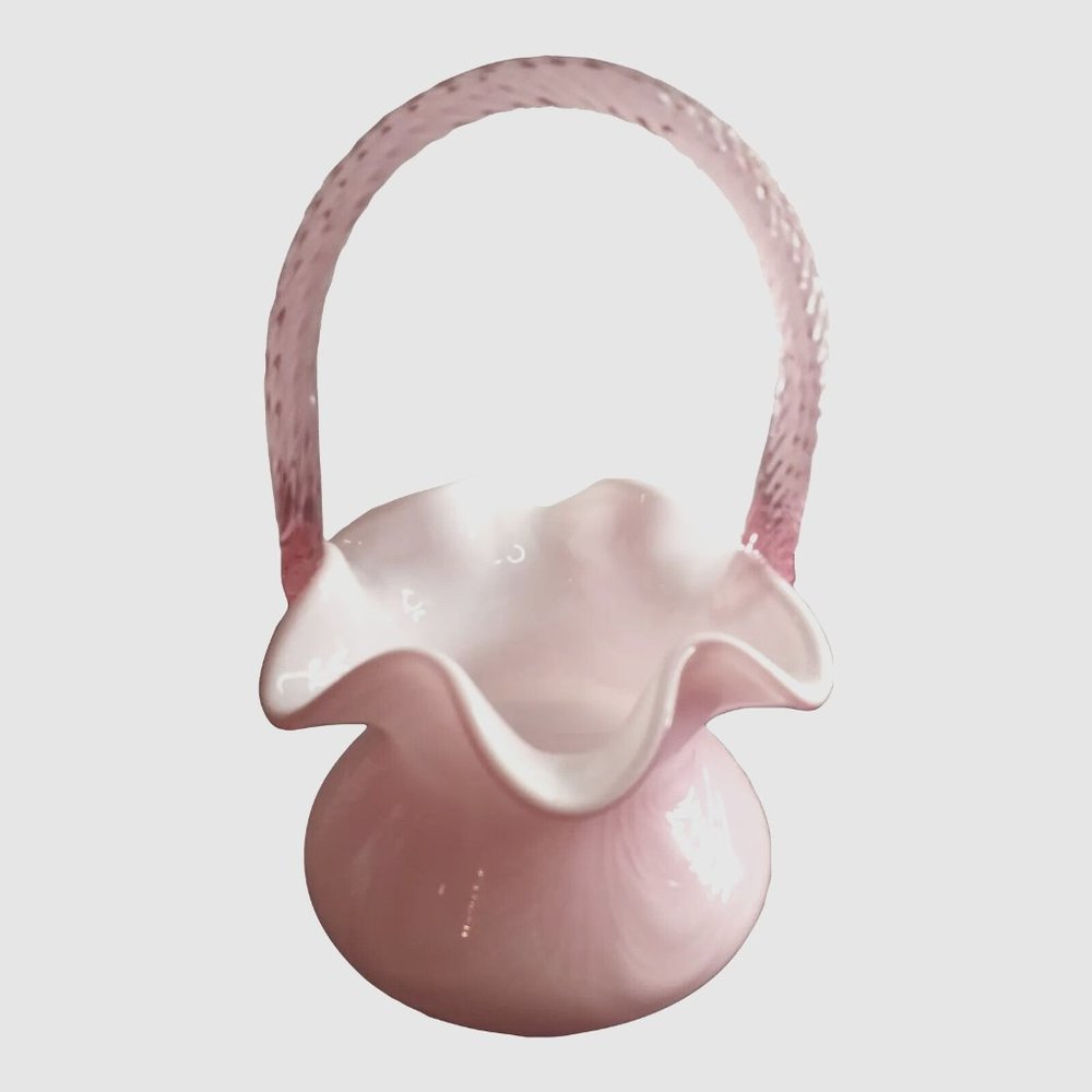 Fenton Art Glass Pink Overlay  ” Basket Twist Handle Ruffled Edge Drape